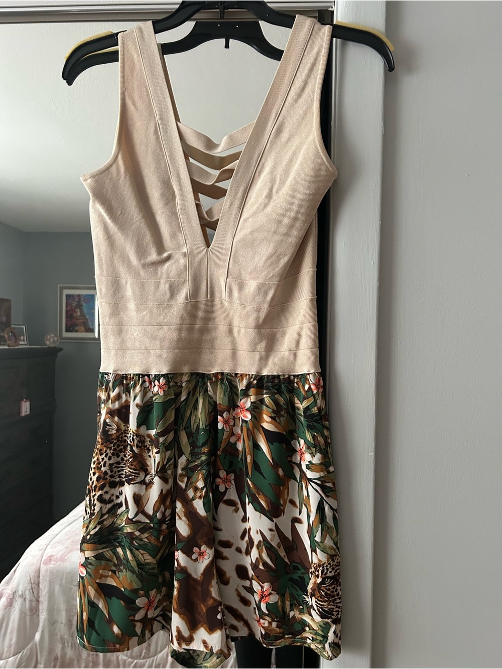 Sleeveless Beige Top Tropical Print Skater Dress